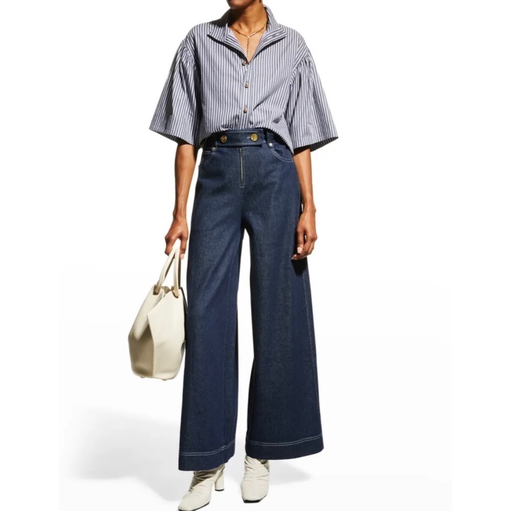 Tanya Taylor exaggerated flare denim jean in dark blue